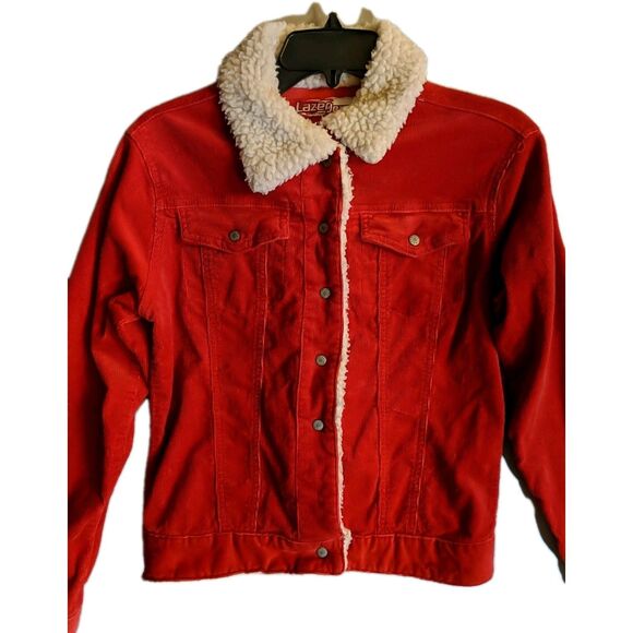 Retro Lazer Jeans Corduroy Jacket Medium Women Snap Buttons Red Sherpa Lined M - Picture 3 of 11